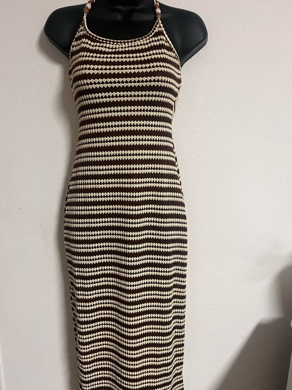 SHEIN Black and Cream Striped Halter Knit Maxi Dress